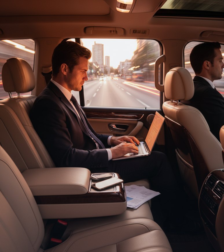 Un dirigeant travaille à l'arrière de son véhicule conduit par un chauffeur YesDriveMe